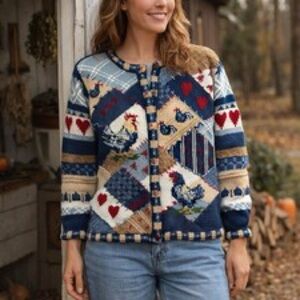 Patchwork Rooster Cardigan Sweater - Blue/Cream